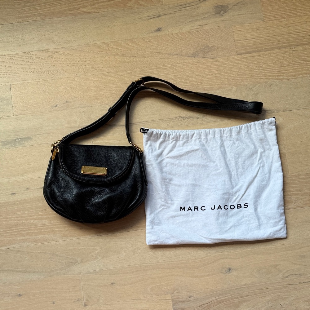 Natasha Marc Jacobs Black Crossbody Bag with Gold Details and Dust Bag